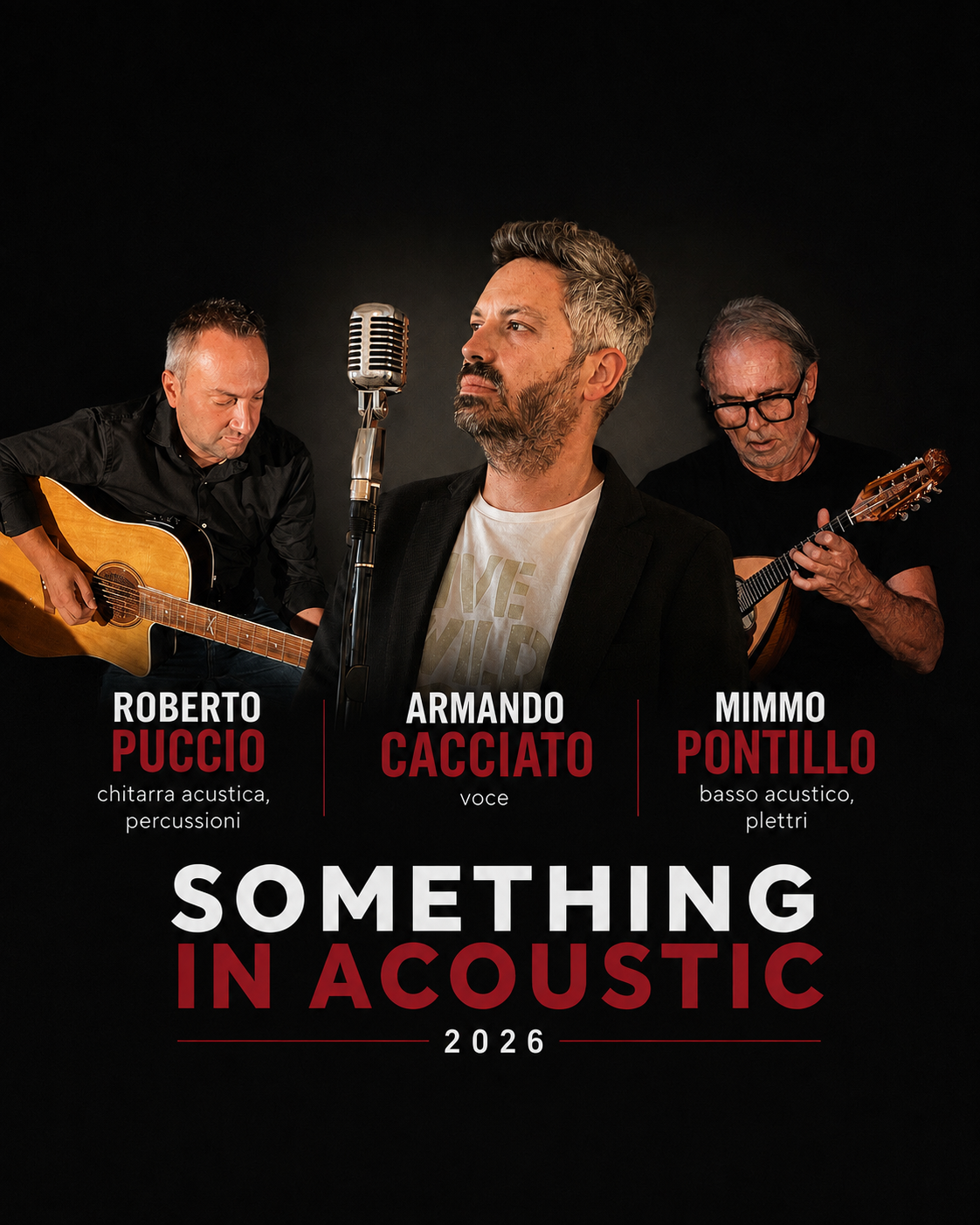 Foto ufficiale di Something in Acoustic 2026: Roberto Puccio alla chitarra, Armando Cacciato alla voce e Mimmo Pontillo al mandolino.